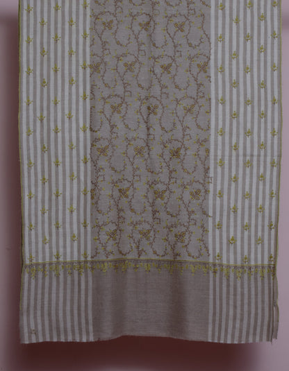 Light Olive Grey Stripes n Solid Handwoven Sozni Embroidered Cashmere Pashmina Stole