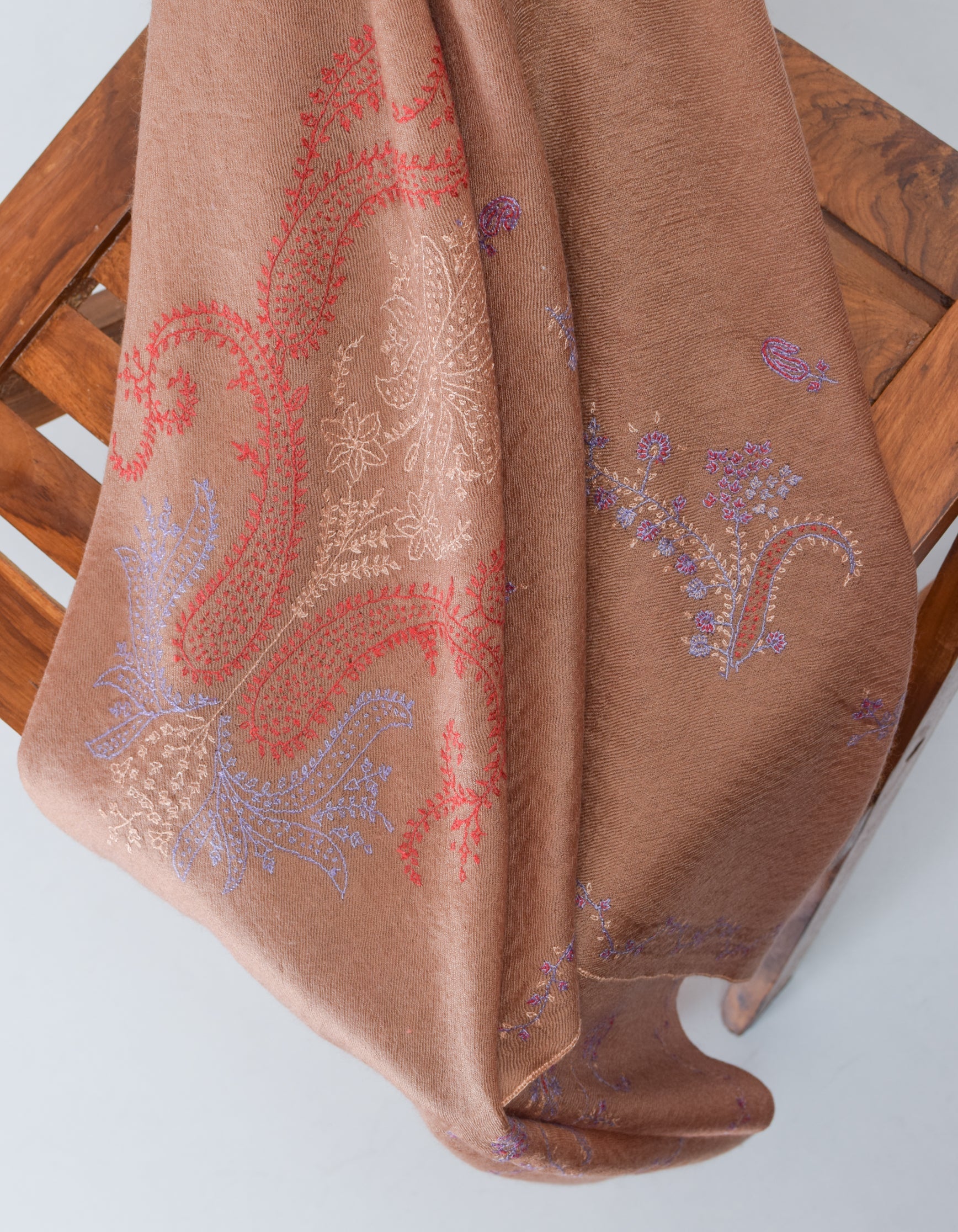 Autumn Brown Handwoven Paisley Embroidered Cashmere Pashmina Stole