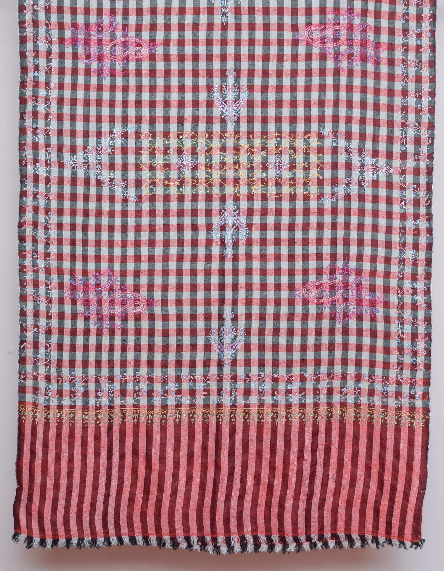 Modern Multi-Pattern Check Handwoven Embroidered Cashmere Pashmina Stole - Kashmir Box