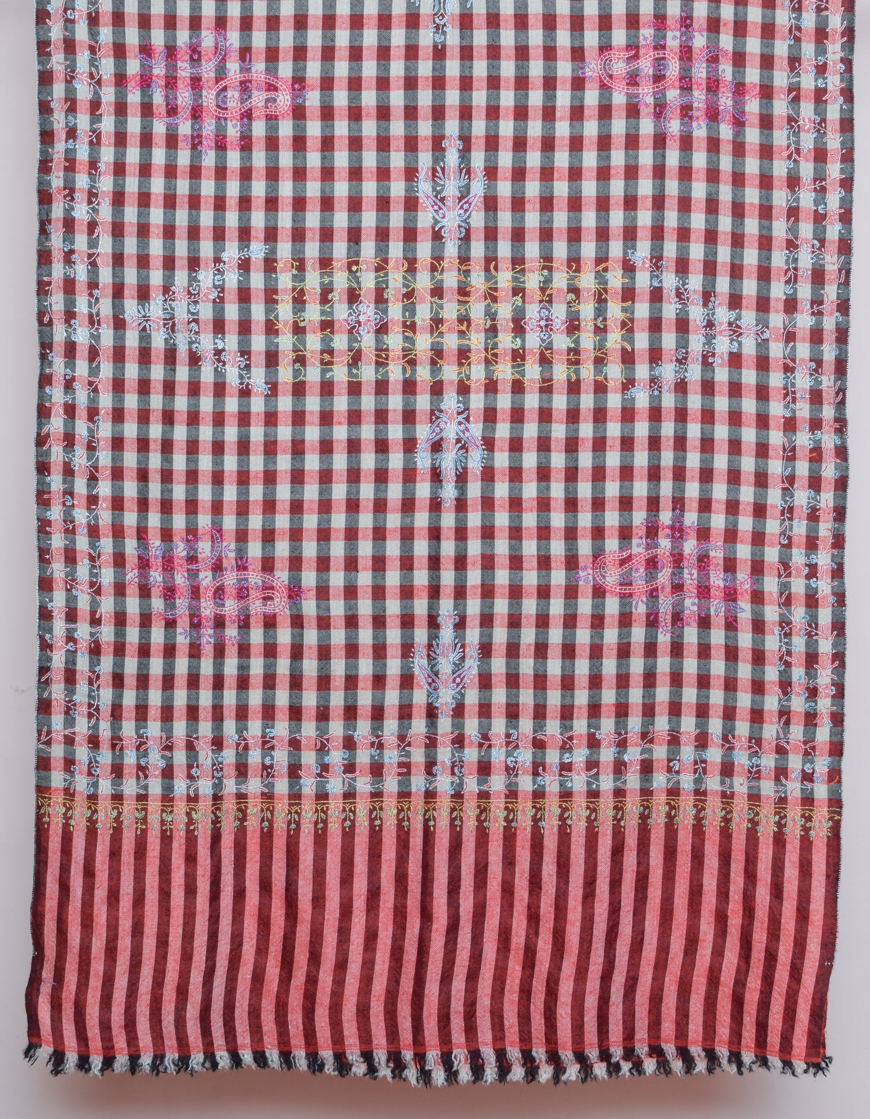 Modern Multi-Pattern Check Handwoven Embroidered Cashmere Pashmina Stole - Kashmir Box