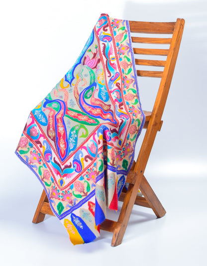 Multicolour Kani Pattern Handwoven Sozni Embroidered Pashmina Stole