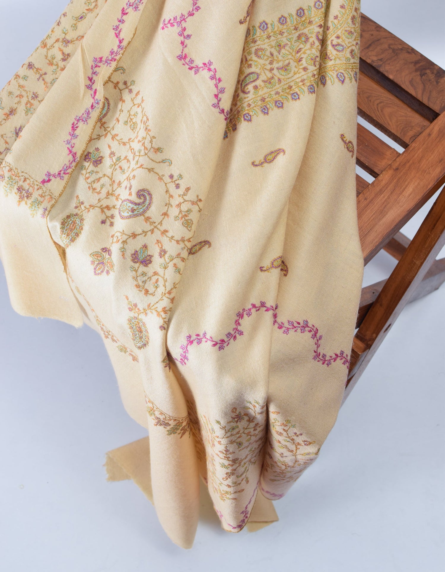 Buttercream Handwoven Border Embroidered Cashmere Pashmina Shawl