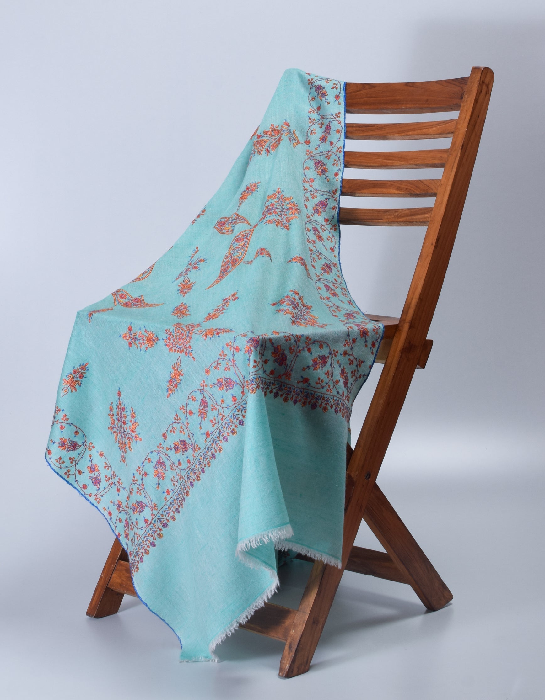 Seafoam Green Handwoven Sozni Floral Embroidered Cashmere Pashmina Stole