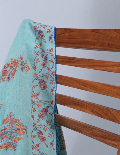 Seafoam Green Handwoven Sozni Floral Embroidered Cashmere Pashmina Stole - Kashmir Box