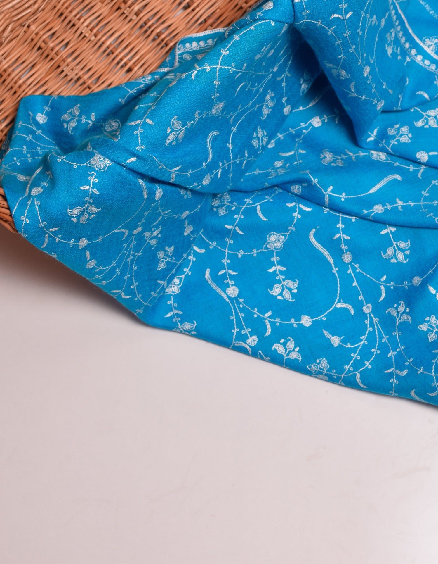 Bright Blue Handwoven Jaali Embroidered Cashmere Pashmina Shawl - Kashmir Box