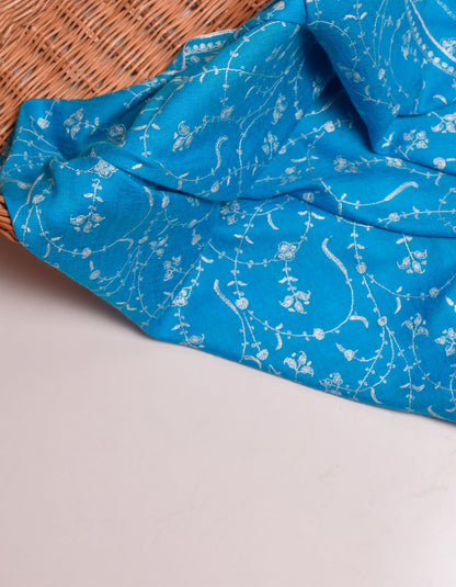 Bright Blue Handwoven Jaali Embroidered Cashmere Pashmina Shawl