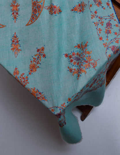 Seafoam Green Handwoven Sozni Floral Embroidered Cashmere Pashmina Stole - Kashmir Box