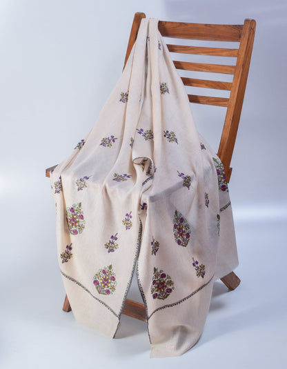 Natural Cream Handwoven Sozni Floral Embroidered Cashmere Pashmina Stole