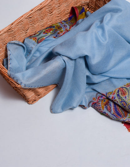 Cloudy Blue Kani Pattern Handwoven Detailed Embroidered Cashmere Pashmina Shawl - Kashmir Box