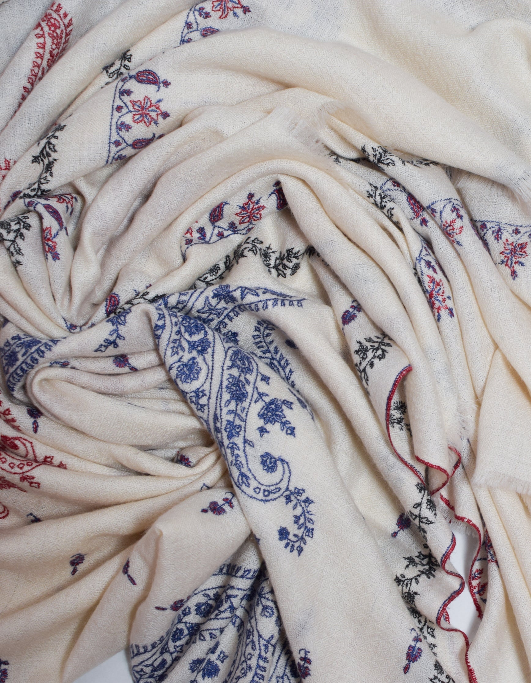 Natural Cream Handwoven Multicolour Embroidered Cashmere Pashmina Shawl