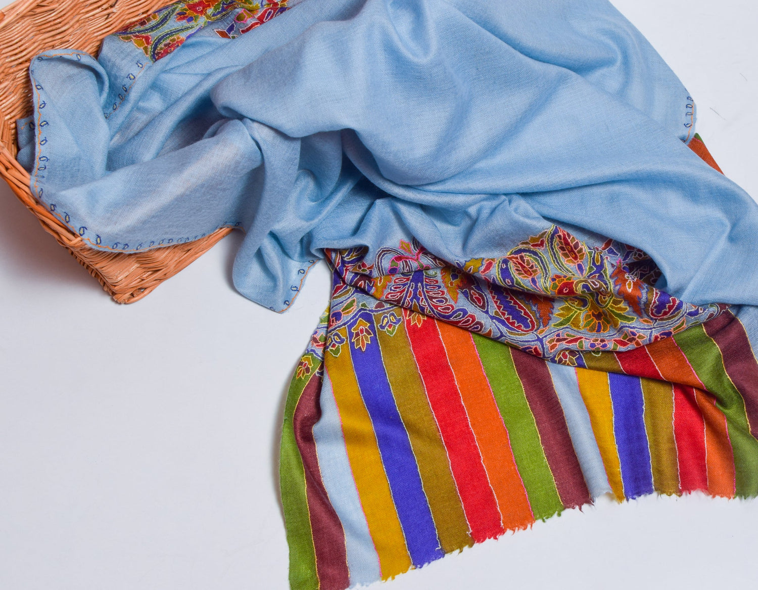Cloudy Blue Kani Pattern Handwoven Detailed Embroidered Cashmere Pashmina Shawl - Kashmir Box