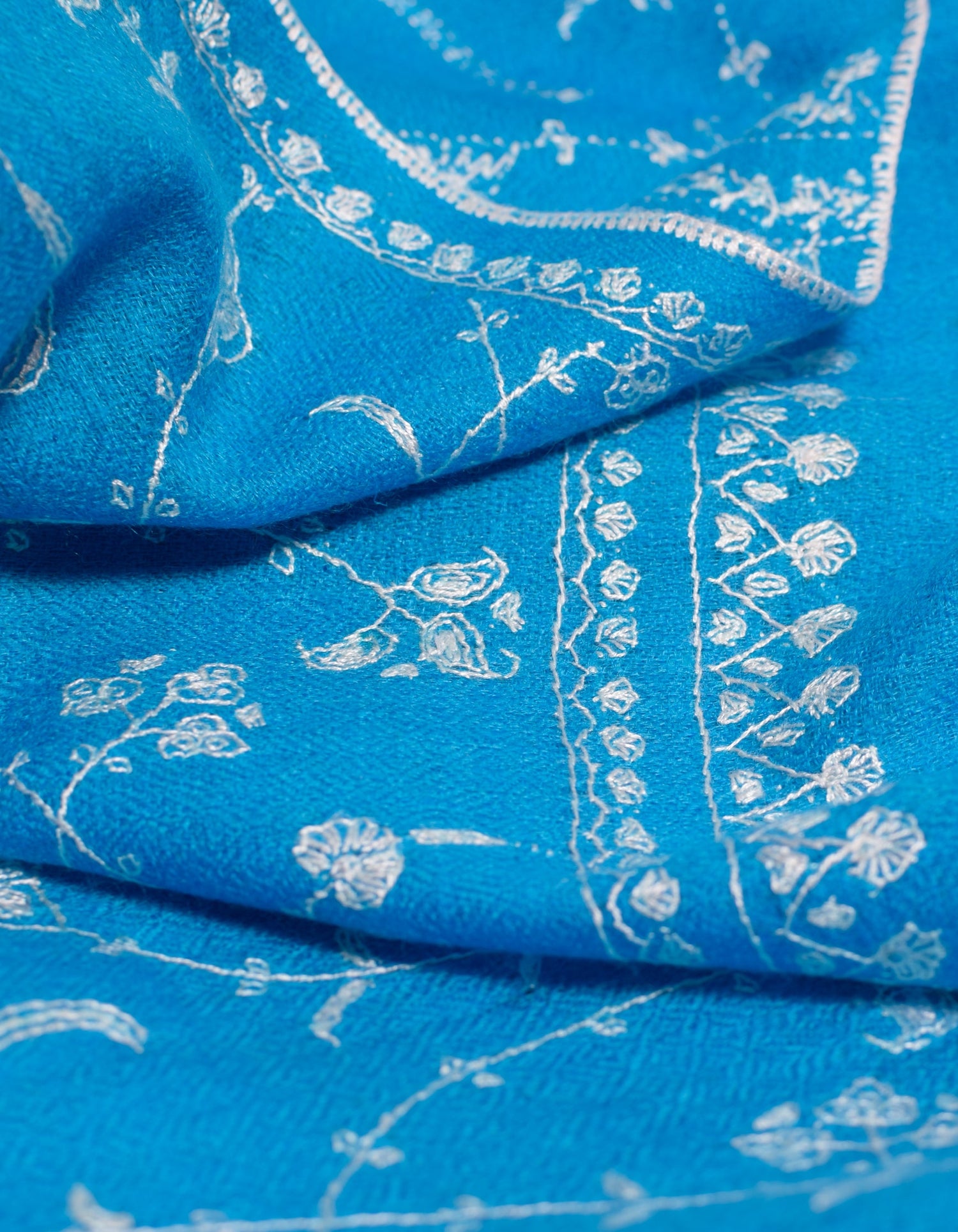 Bright Blue Handwoven Jaali Embroidered Cashmere Pashmina Shawl