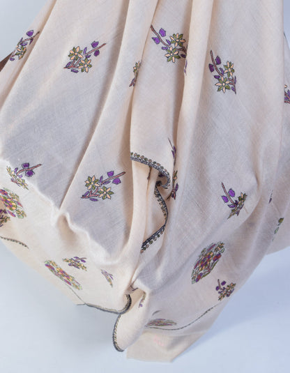 Natural Cream Handwoven Sozni Floral Embroidered Cashmere Pashmina Stole