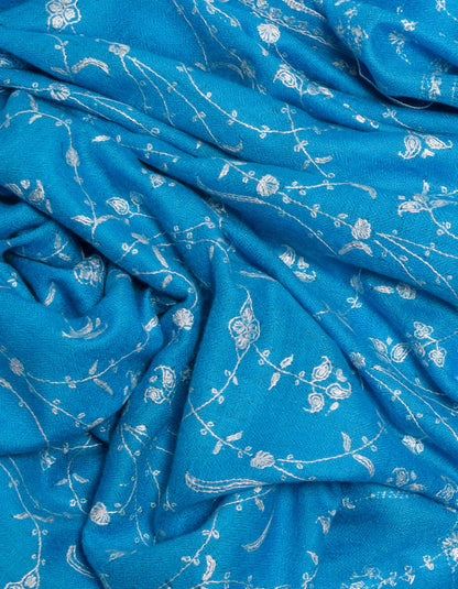 Bright Blue Handwoven Jaali Embroidered Cashmere Pashmina Shawl