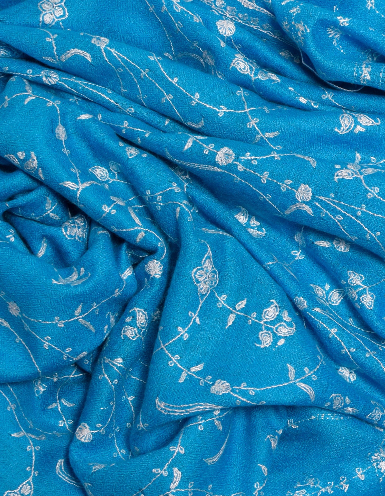 Bright Blue Handwoven Jaali Embroidered Cashmere Pashmina Shawl - Kashmir Box