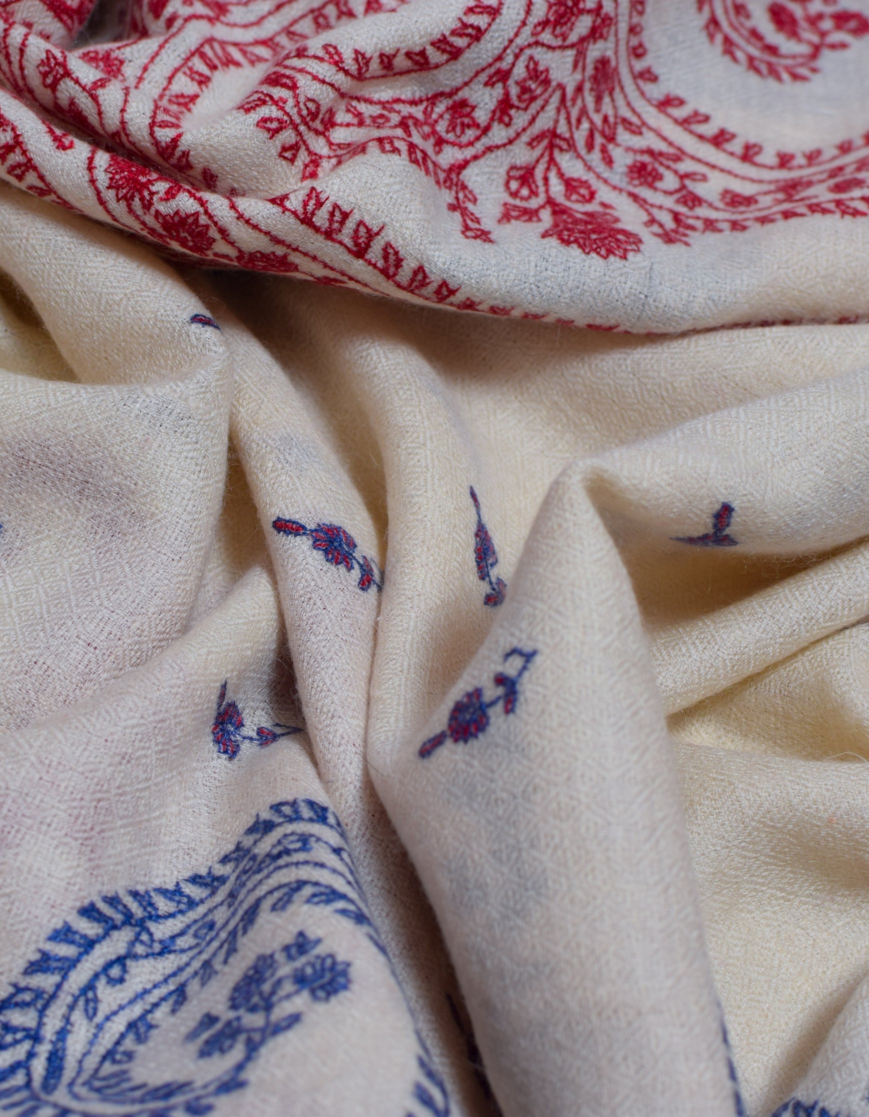 Natural Cream Handwoven Multicolour Embroidered Cashmere Pashmina Shawl