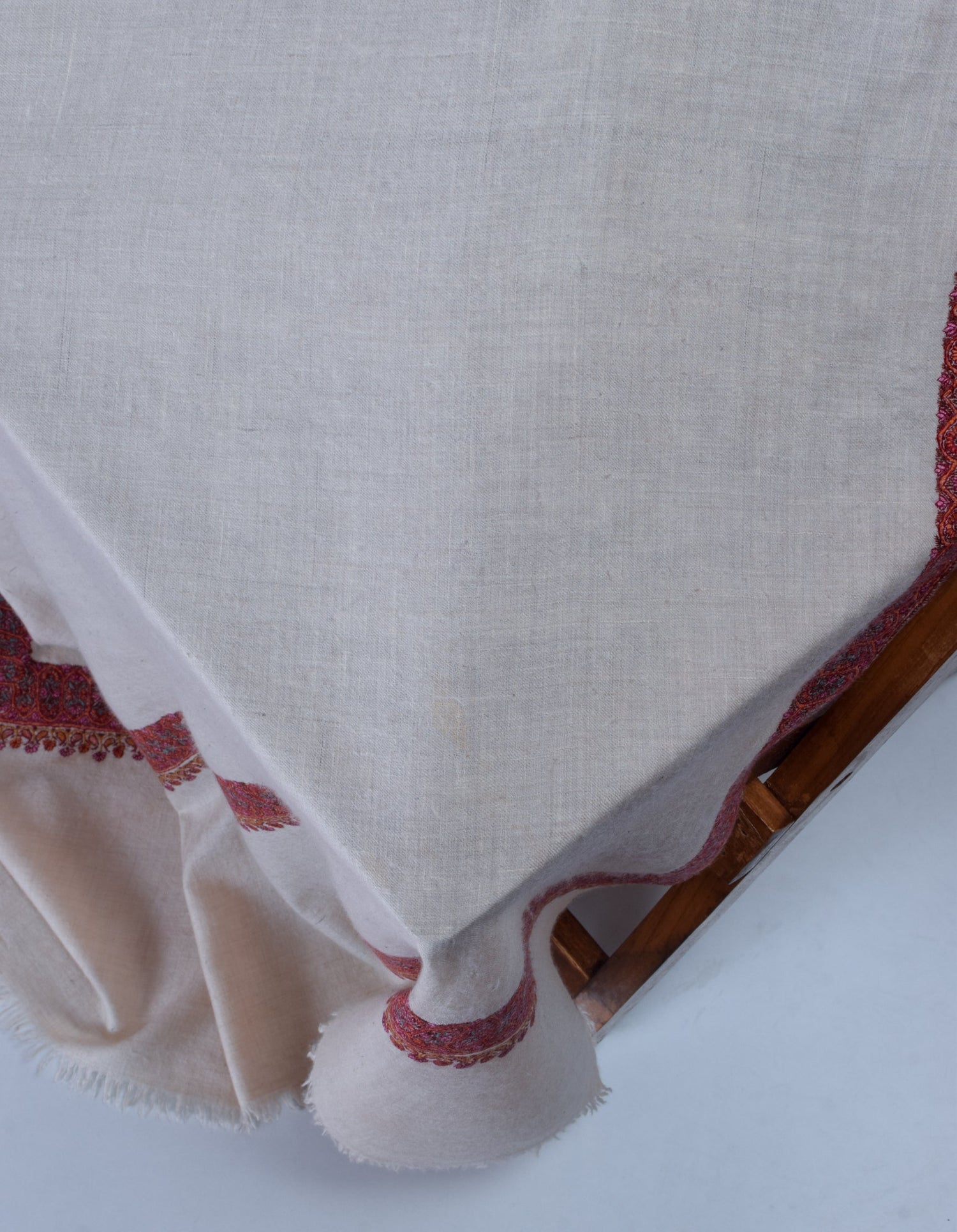 Natural Light Beige Handwoven Sozni Border Embroidered Cashmere Pashmina Shawl