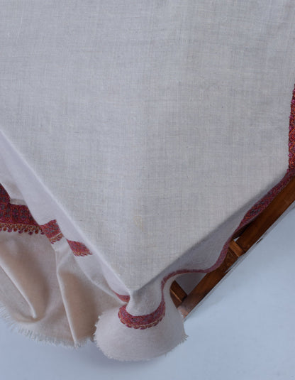 Natural Light Beige Handwoven Sozni Border Embroidered Cashmere Pashmina Shawl