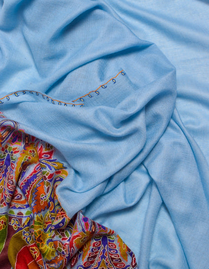 Cloudy Blue Kani Pattern Handwoven Detailed Embroidered Cashmere Pashmina Shawl - Kashmir Box