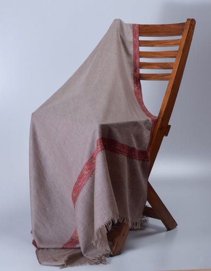 Grey-Brown Handmade Sozni Certified Border Embroidered Cashmere Pashmina Shawl