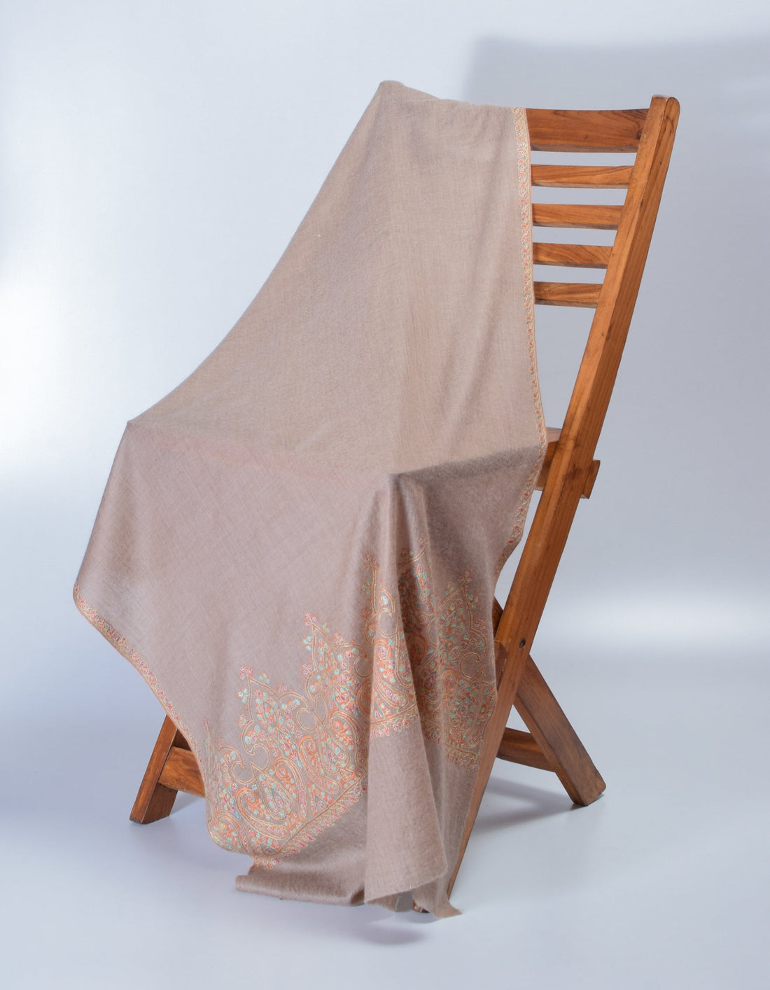 Brownish-grey Handwoven Border Palla  Embroidered Cashmere Pashmina Stole