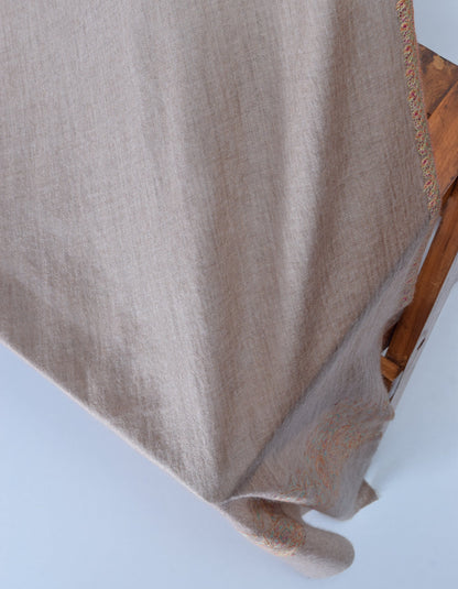 Brownish-grey Handwoven Border Palla  Embroidered Cashmere Pashmina Stole