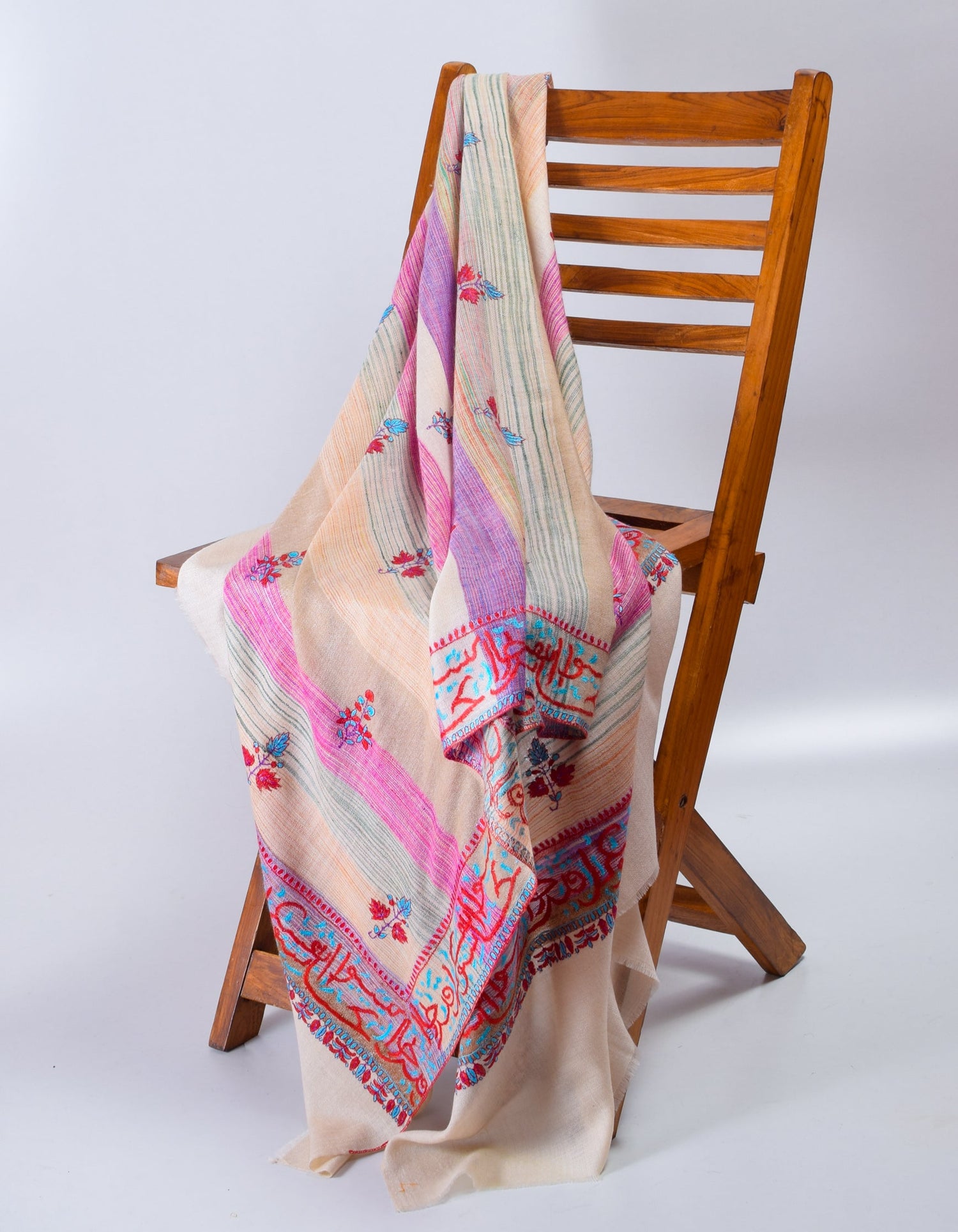 Natural Cream Handwoven Arabic calligraphy Embroidered Cashmere Pashmina Shawl