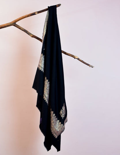 Classic Black Handwoven Tilla Paisley Embroidered Palladaar Pashmina Shawl