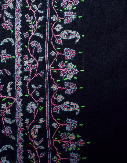 Black Handwoven Multicolour Jaali Sozni Embroidered Cashmere Pashmina Stole