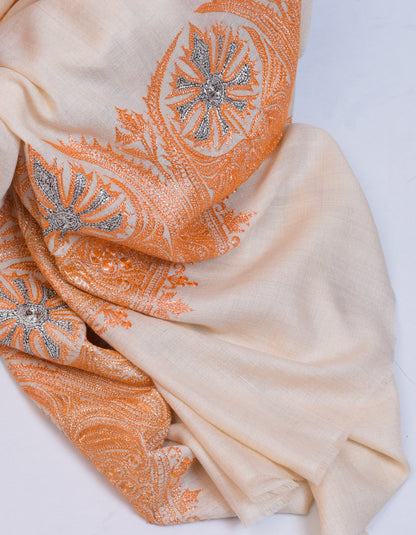 Cream Handwoven Tilla Embroidered Palladaar Pashmina Shawl