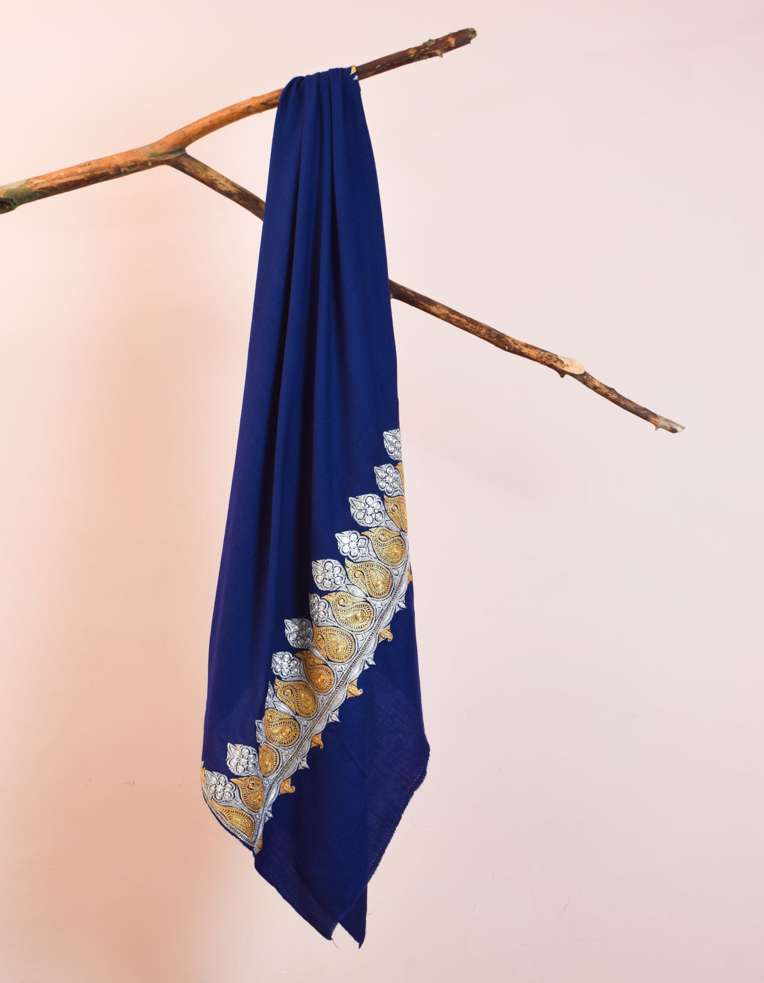 Navy Blue Handwoven Tilla Embroidered Palladaar Pashmina Shawl