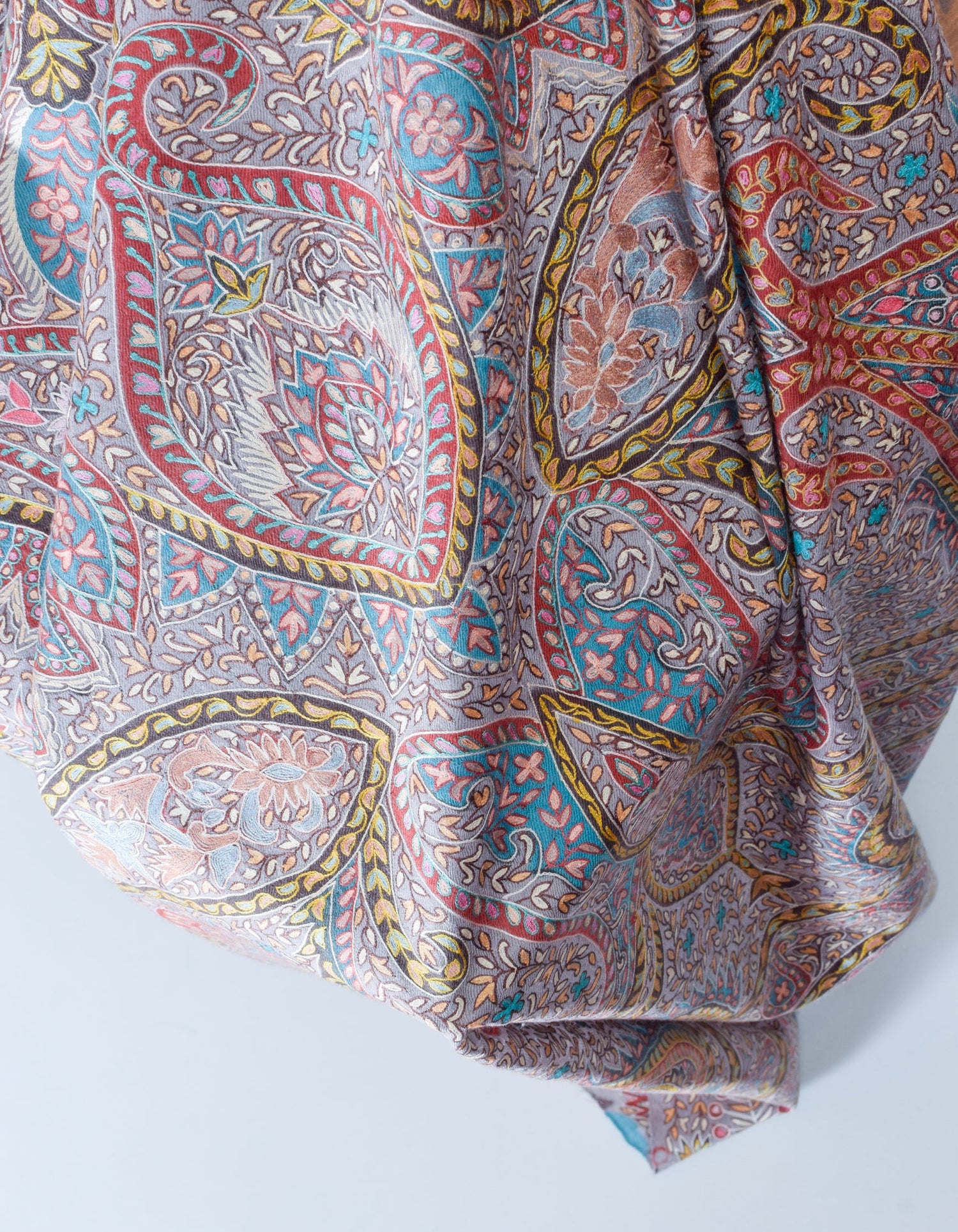 Cool Grey Handwoven Kalamkari Sozni Embroidered Cashmere Pashmina Shawl