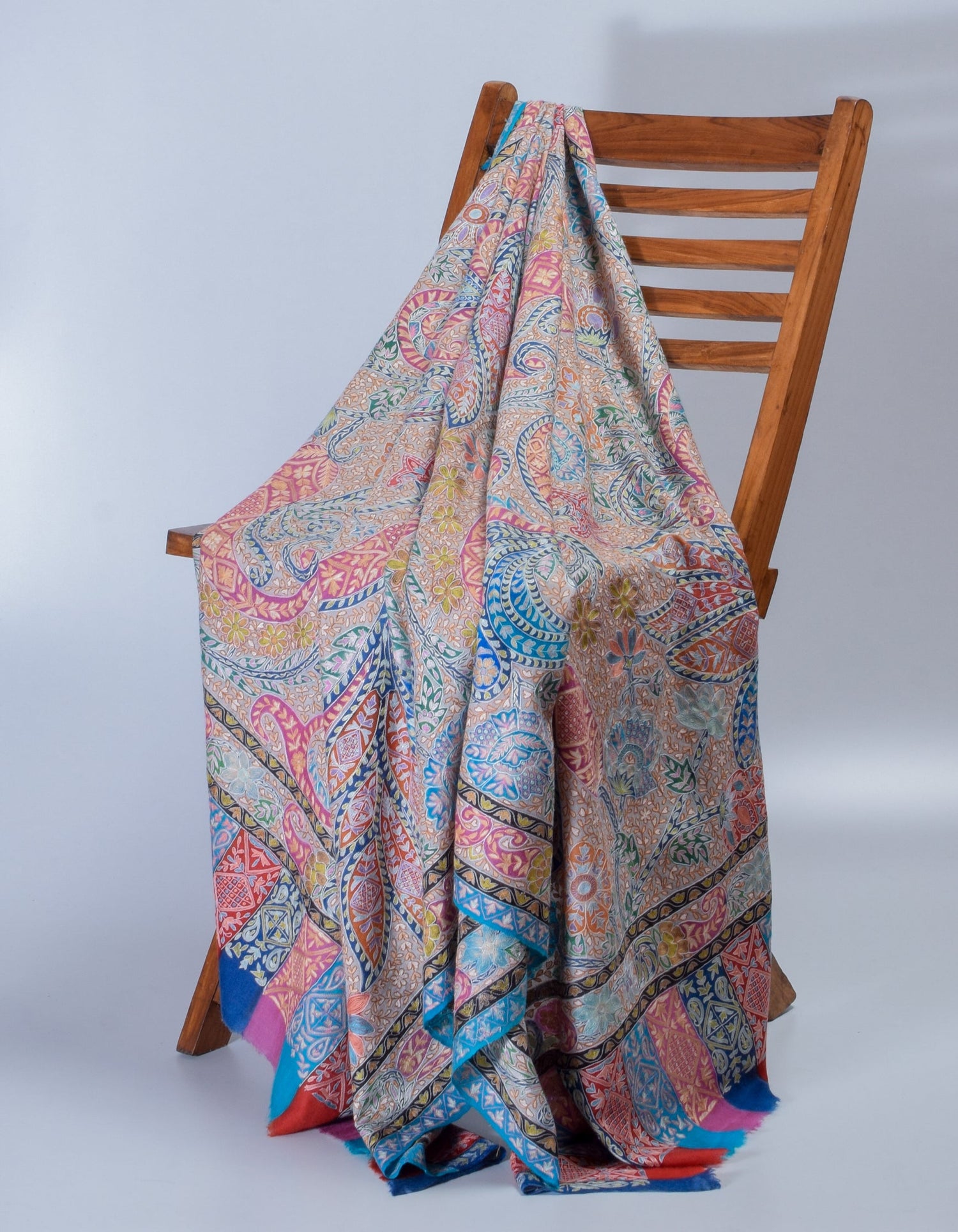 Pastel Grey Handwoven Kalamkari Sozni Embroidered Cashmere Pashmina Shawl