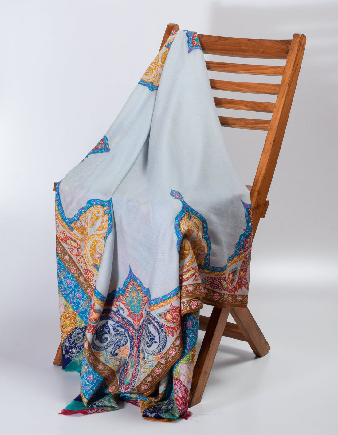 Light Blue-Grey Handwoven Multicolour Kalamkari Sozni Embroidered Cashmere Pashmina Shawl