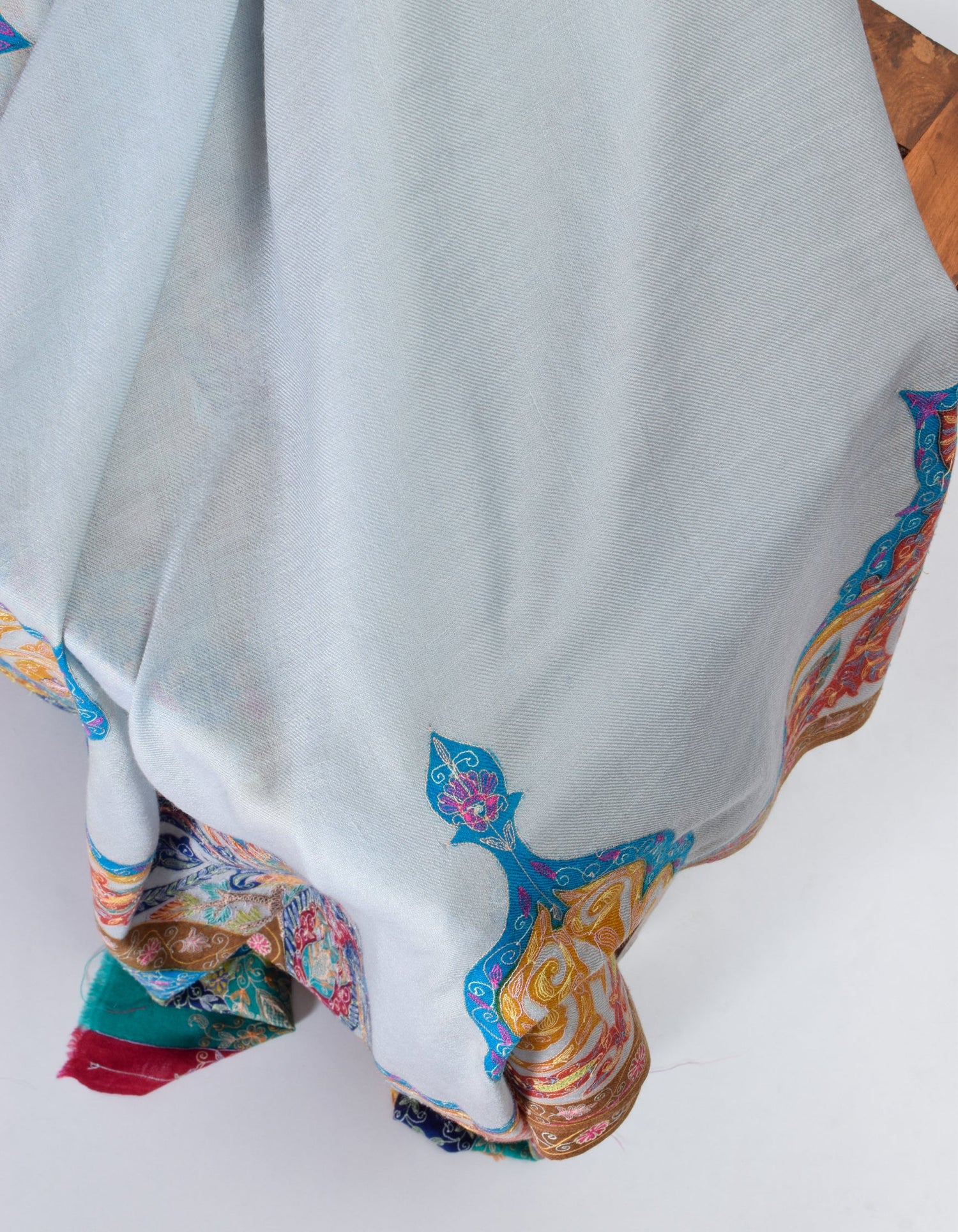 Light Blue-Grey Handwoven Multicolour Kalamkari Sozni Embroidered Cashmere Pashmina Shawl