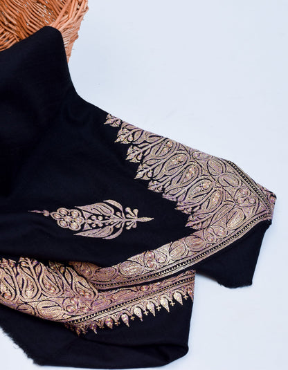 Classic Black Handwoven Tilla Paisley Embroidered Palladaar Pashmina Shawl