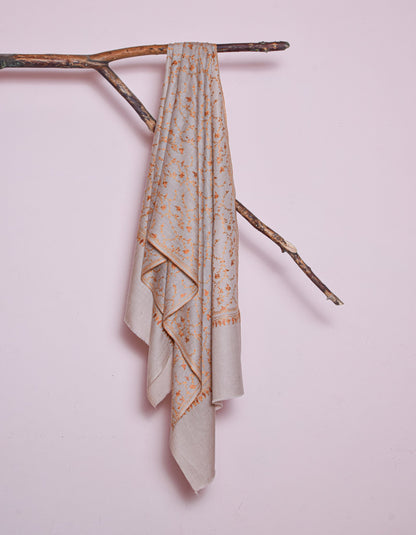 Natural Beige-Grey Handwoven Sozni Jaali Embroidered Cashmere Pashmina Stole