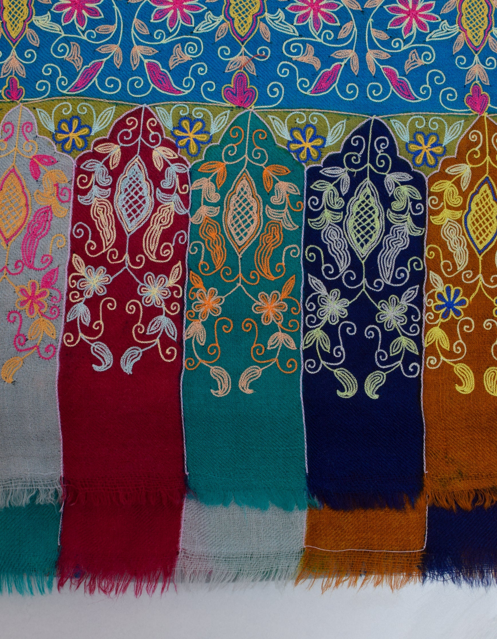 Light Blue-Grey Handwoven Multicolour Kalamkari Sozni Embroidered Cashmere Pashmina Shawl