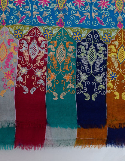 Light Blue-Grey Handwoven Multicolour Kalamkari Sozni Embroidered Cashmere Pashmina Shawl