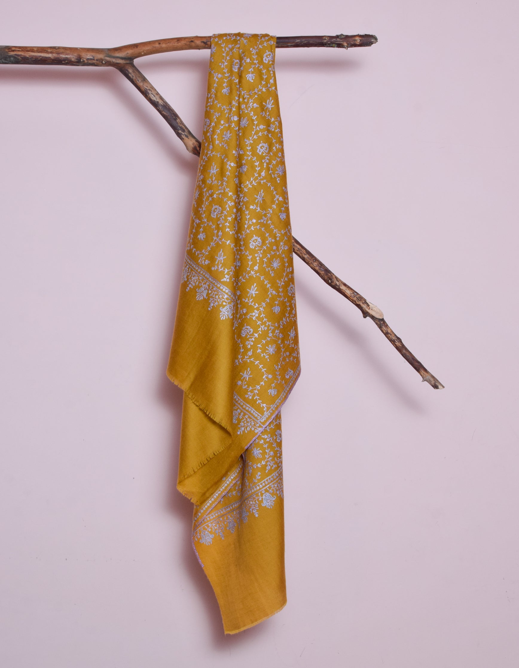 Mustard Yellow Handwoven Sozni Jaali Embroidered Cashmere Pashmina Stole