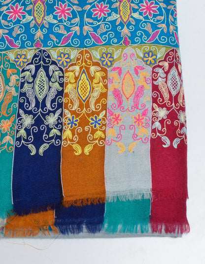 Light Blue-Grey Handwoven Multicolour Kalamkari Sozni Embroidered Cashmere Pashmina Shawl