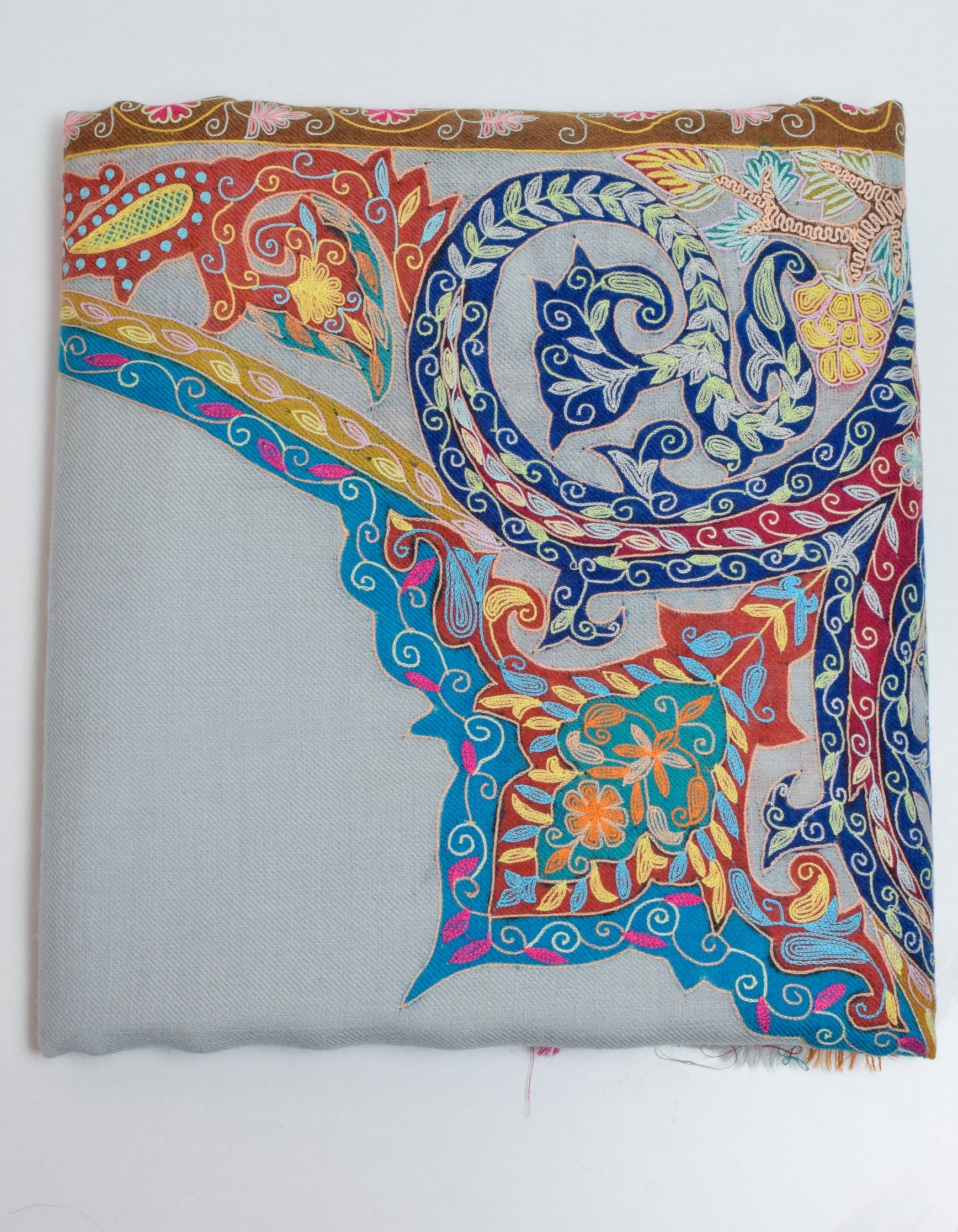 Light Blue-Grey Handwoven Multicolour Kalamkari Sozni Embroidered Cashmere Pashmina Shawl