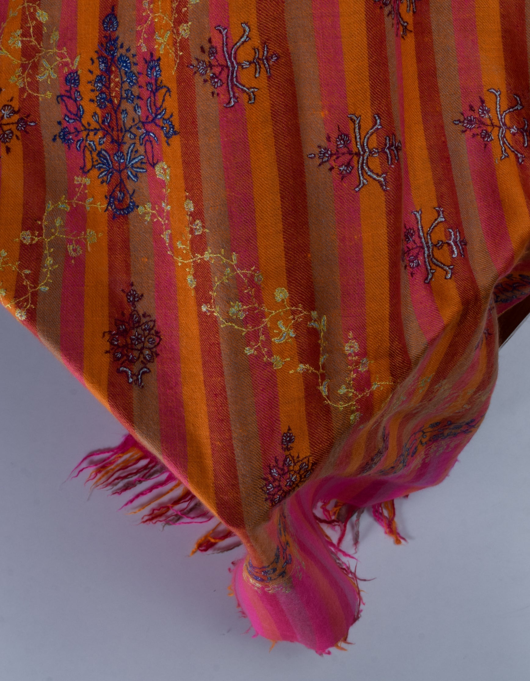 Modern Multicoloured Stripes Handwoven Sozni Embroidered Cashmere Pashmina Stole