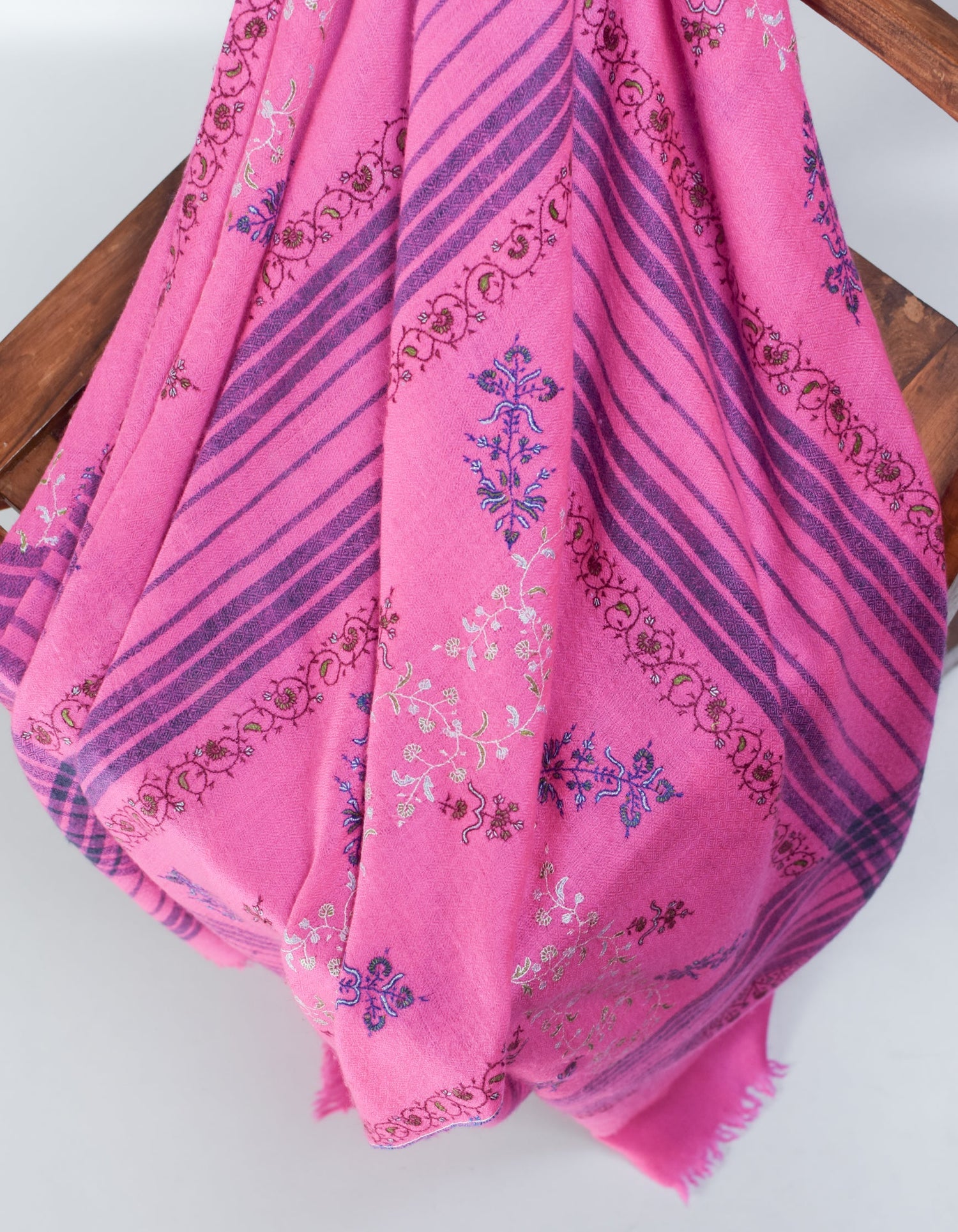 Modern Royal Pink Handwoven Stripes Embroidered Cashmere Pashmina Stole