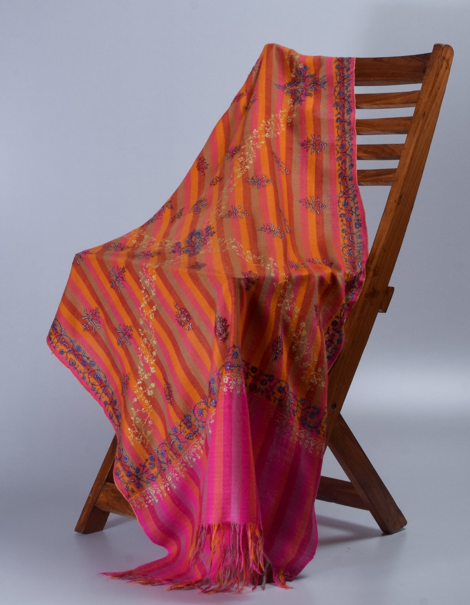 Modern Multicoloured Stripes Handwoven Sozni Embroidered Cashmere Pashmina Stole