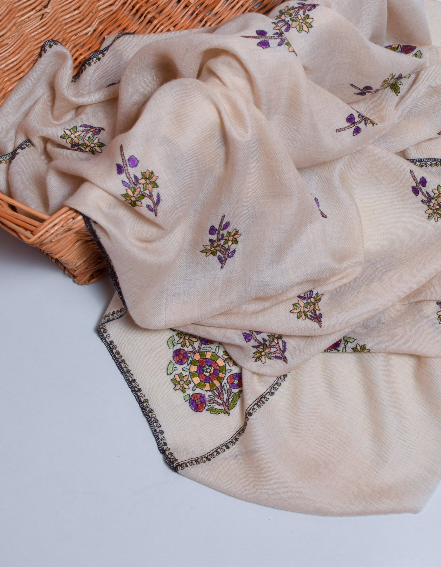 Natural Cream Handwoven Sozni Floral Embroidered Cashmere Pashmina Stole