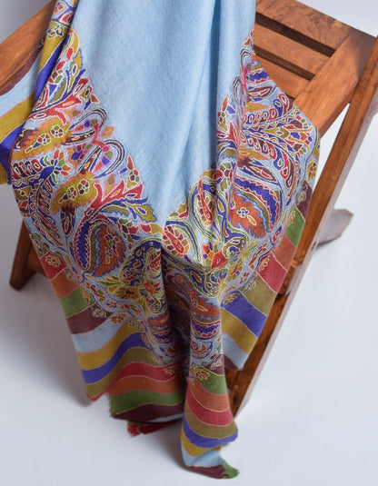 Cloudy Blue Kani Pattern Handwoven Detailed Embroidered Cashmere Pashmina Shawl - Kashmir Box