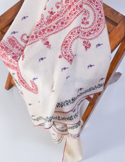 Natural Cream Handwoven Multicolour Embroidered Cashmere Pashmina Shawl