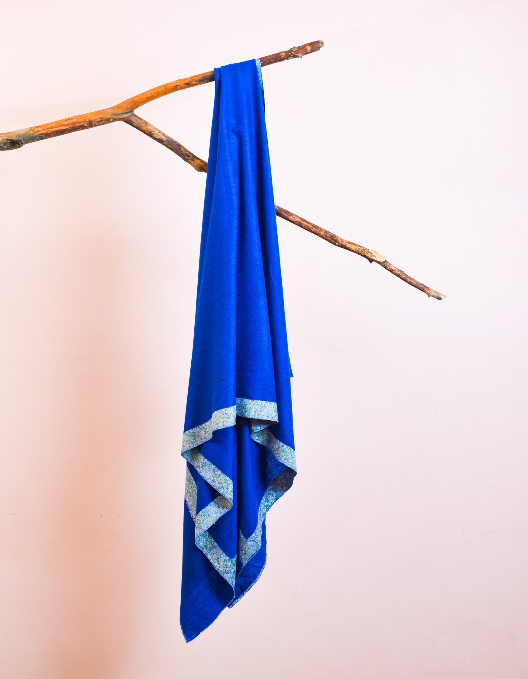 Royal Blue Handwoven Sozni Embroidered Bordered Pashmina Shawl