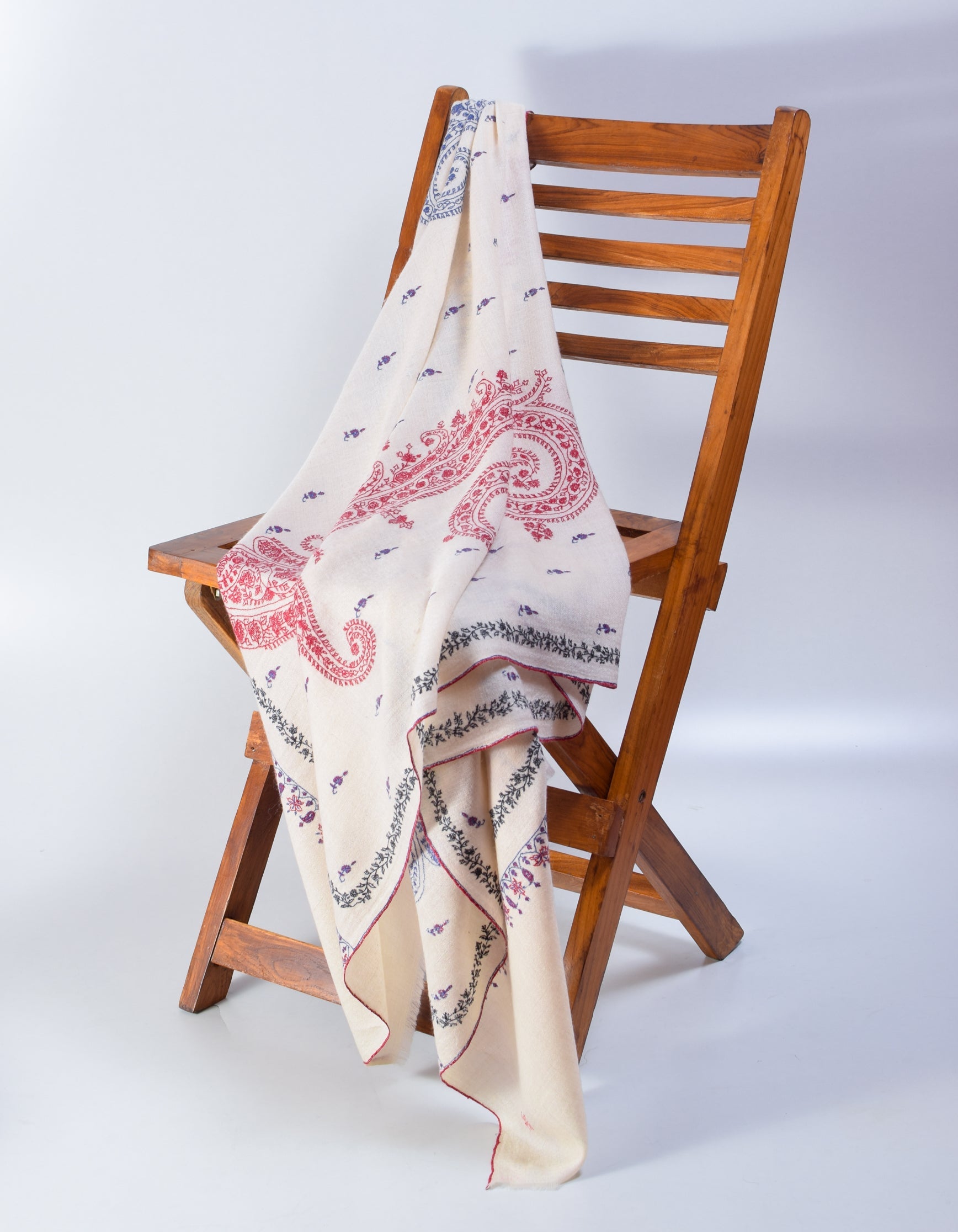 Natural Cream Handwoven Multicolour Embroidered Cashmere Pashmina Shawl